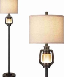 Lámpara de pie con luz nocturna y pantalla de lino, bronce oscuro