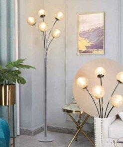 Lámpara de pie árbol con 5 globos de vidrio, plateada