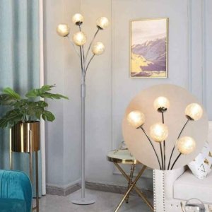 Lámpara de pie árbol con 5 globos de vidrio, plateada