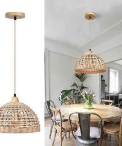 Lámpara colgante de mimbre boho ajustable para comedor