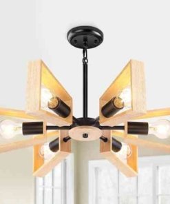 Candil colgante de madera negro ajustable, 6 luces