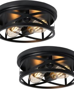 Lámpara de techo adosada negra de hierro, 2 luces