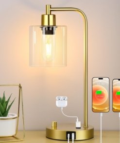Lámpara de mesa industrial dorada con puertos USB A y C