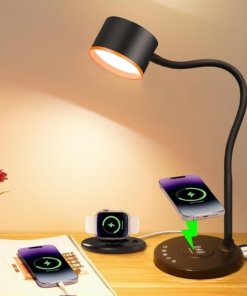 Lámpara de escritorio LED con cargador inalámbrico y USB, negra