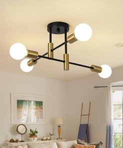 Lámpara Sputnik semiempotrada negra y dorada, 4 luces