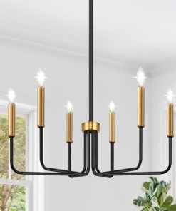 Candil estilo granja para comedor, negro y dorado, 6 luces