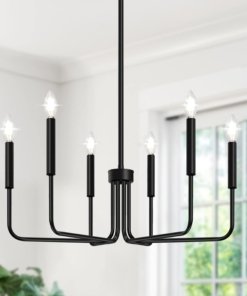 Candil estilo granja para comedor, negro mate, 6 luces