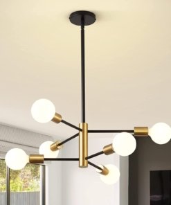 Lámpara Sputnik negra y dorada de altura ajustable, 6 luces