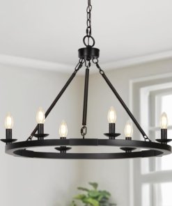Candil estilo granja negro con ruedas, 6 luces