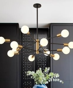 Lámpara Sputnik moderna negra y dorada, 12 luces