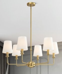 Lámpara colgante de oro cepillado con cortina de cristal, 6 luces