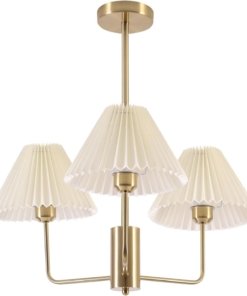 Candil de tela plisada blanca y dorado, 3 luces