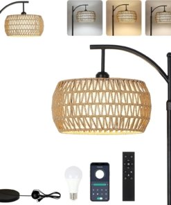 Lámpara de pie de arco boho con control remoto, café y beige