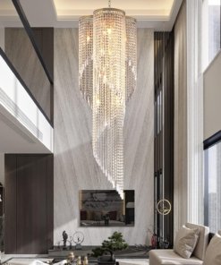 Candil grande de cristal en espiral dorado, 9 luces