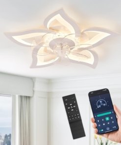 Ventilador de techo con flores y luz, blanco