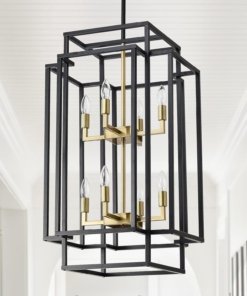Candil negro y dorado para vestíbulo, 81 cm, 8 luces