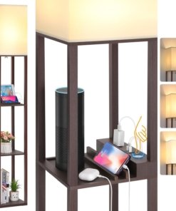 Lámpara de pie con repisas de madera y control táctil