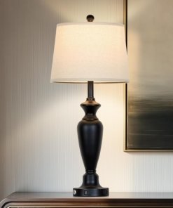 Lámpara de mesa negra de 76 cm con pantalla color trigo