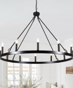 Candil de rueda de carreta negro para comedor, 12 luces
