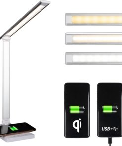 Lámpara de escritorio LED con cargador inalámbrico, plateada