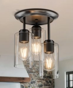 Lámpara de techo semiempotrada estilo granja negra, 3 luces