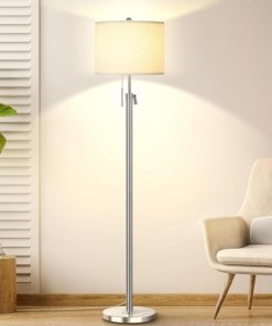 Lámpara de pie de níquel cepillado para sala, pantalla blanca