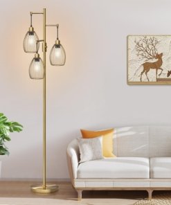 Lámpara de pie regulable con 3 focos LED Edison, lino