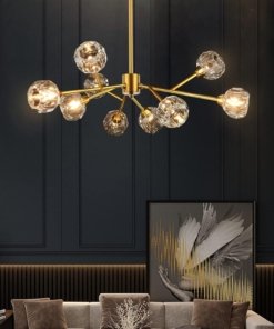 Candil Sputnik de latón y cristal para comedor, 9 luces