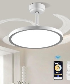 Ventilador de techo delgado con aspas retráctiles, blanco
