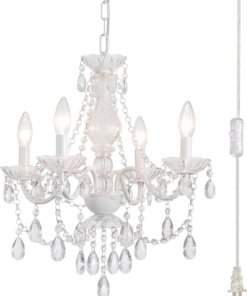 Candil de cerámica blanca y cristal con enchufe, 4 luces