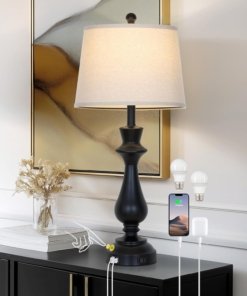 Lámpara de mesa moderna negra con pantalla beige para sala