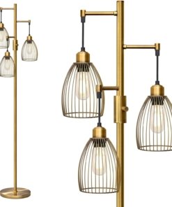 Lámpara de pie tipo árbol de latón antiguo, 3 luces