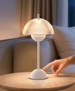 Lámpara de mesa cromada tipo maceta con enchufe
