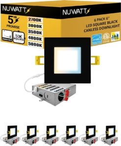 Paquete de 6 luces LED empotrables cuadradas ultradelgadas negras