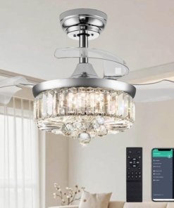 Ventilador de techo tipo candil de cristal de 76 cm, plateado