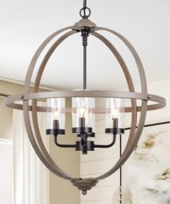 Candil estilo granja de madera y hierro, 43 cm, 4 luces