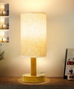 Lámpara pequeña inalámbrica con luz nocturna, tela y madera