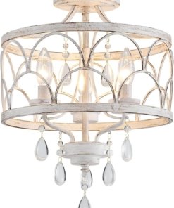 Lámpara de techo pequeña de cristal, blanco antiguo, 3 luces