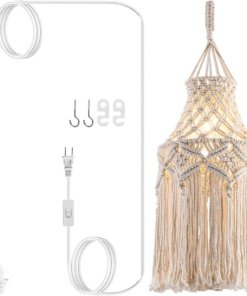 Lámpara colgante bohemia de macramé con enchufe, blanca