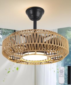 Ventilador de techo con jaula de ratán tejido, negro, estilo boho