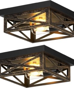 Lámpara de techo rústica negra de montaje al ras, 2 luces