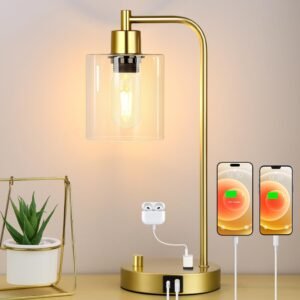 Lámpara de mesa industrial dorada con puertos USB A+C y toma