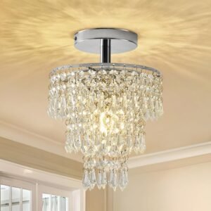 Small Crystal Chandelier, Flush Mount Ceiling Light with 3 T
