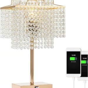 Lámpara de mesa de cristal dorado con 2 puertos de carga USB